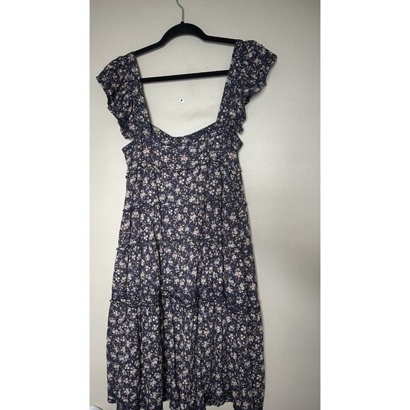 Navy Floral Tiered Ruffle Flower Flutter Sleeve Wedding Guest Short Dress Large - Picture 5 of 7